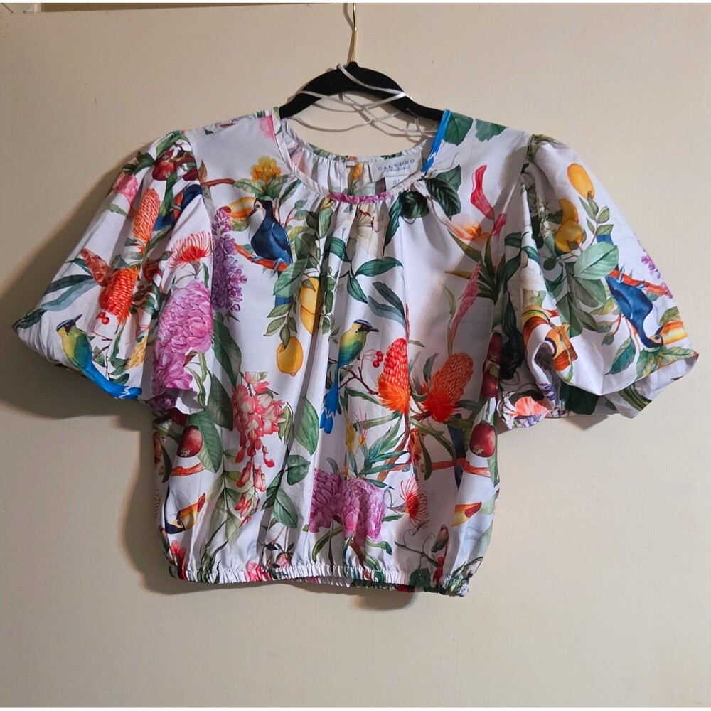Calypso White Multicolor Floral Bird Puff Sleeve Ruffle Woven Blouse, S